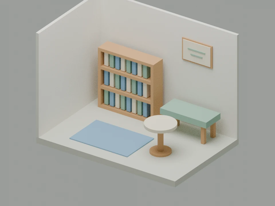 実際に3Dデータから描画した読書コーナー。本棚、緑のベンチ、丸テーブル、青いラグを配置した二面の壁のある空間